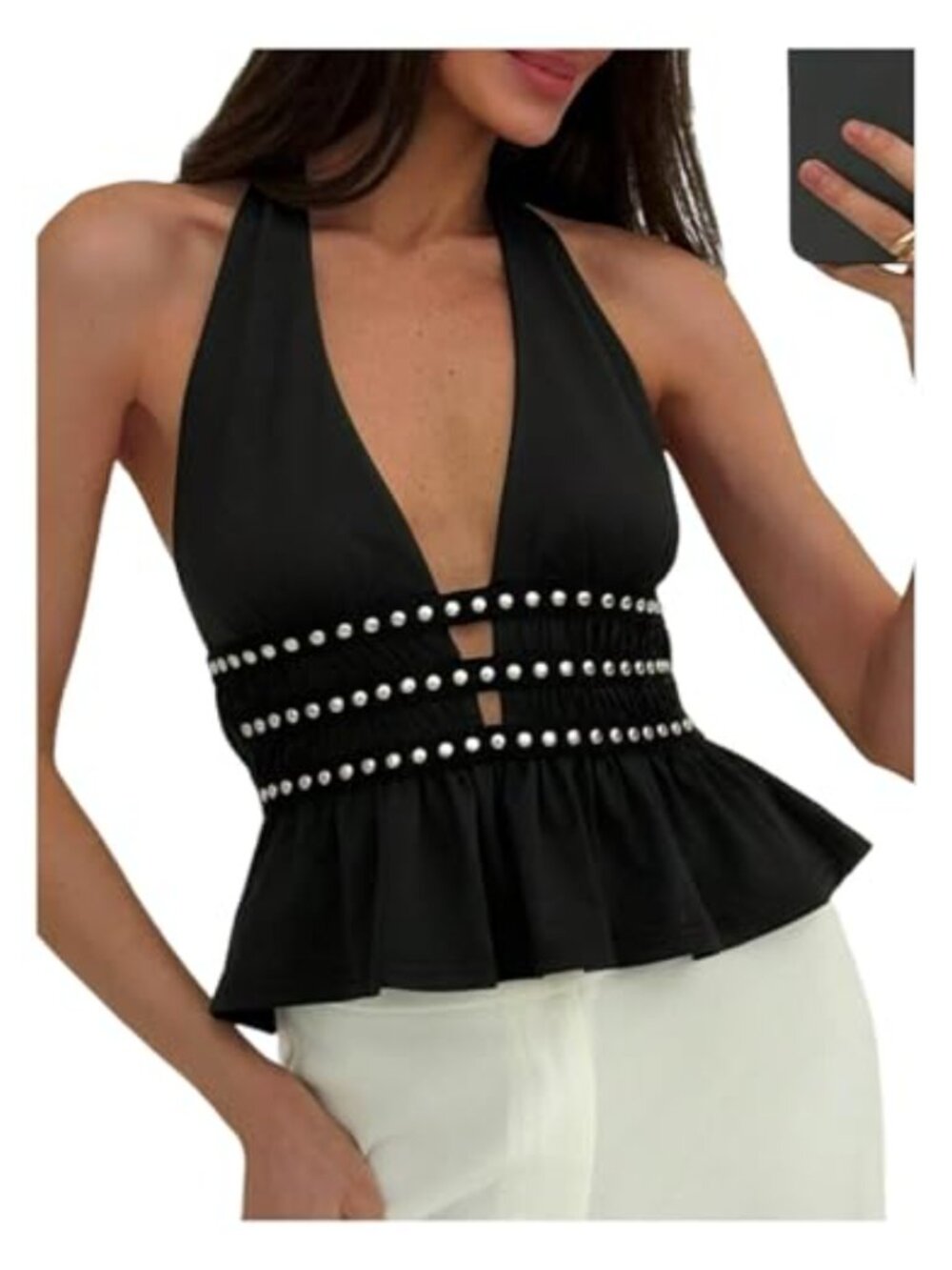 Verdusa Women's Halter Peplum Top with Studded Ruffle Hem, Sleeveless Tank